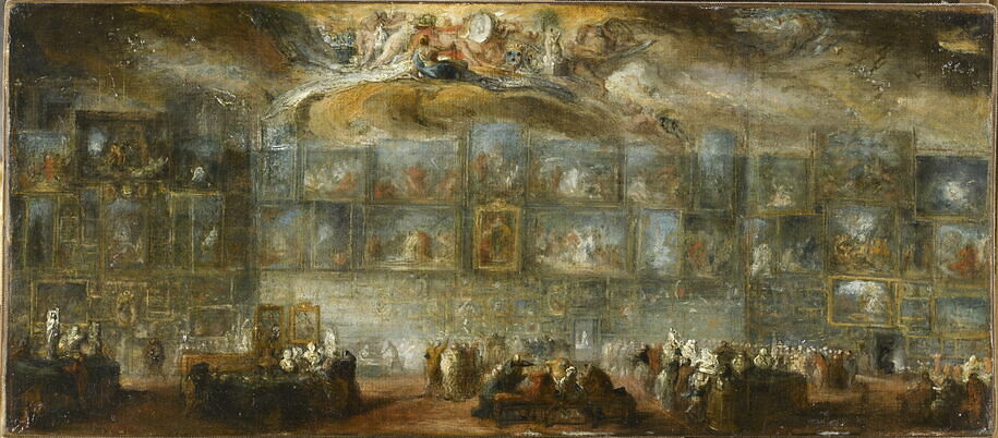 Gabriel de Saint-Aubin, Vue du Salon du Louvre en 1779 (1779; olio su carta incollato su tela, 19,5 x 44 cm; Parigi, Louvre)

