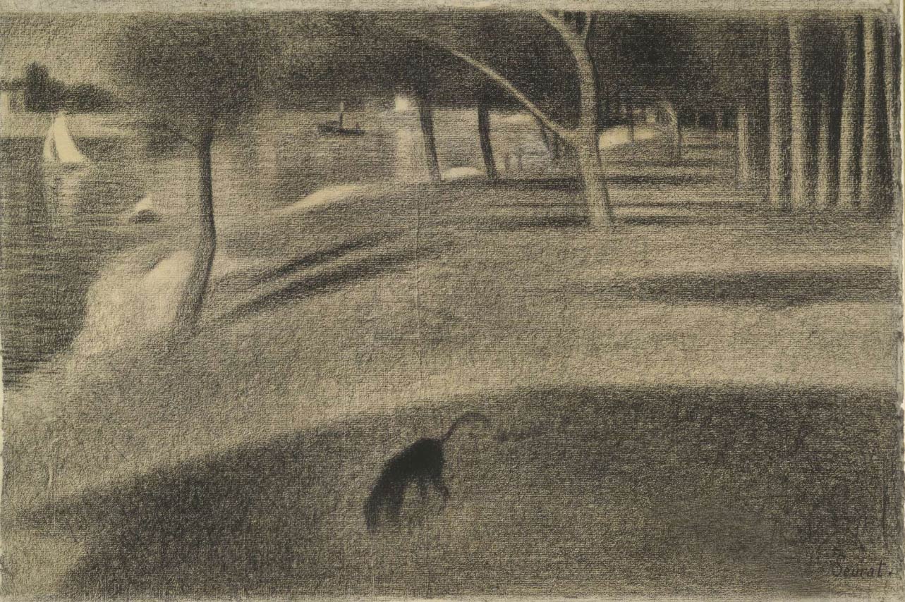 Georges Seurat, Passeggiata con cane, Studio per la Grande-Jatte (1884; matita su carta, 420,5 x 620,8 mm; Londra, British Museum)
 Georges Seurat, Passeggiata con cane, Studio per la Grande-Jatte (1884; matita su carta, 420,5 x 620,8 mm; Londra, British Museum)