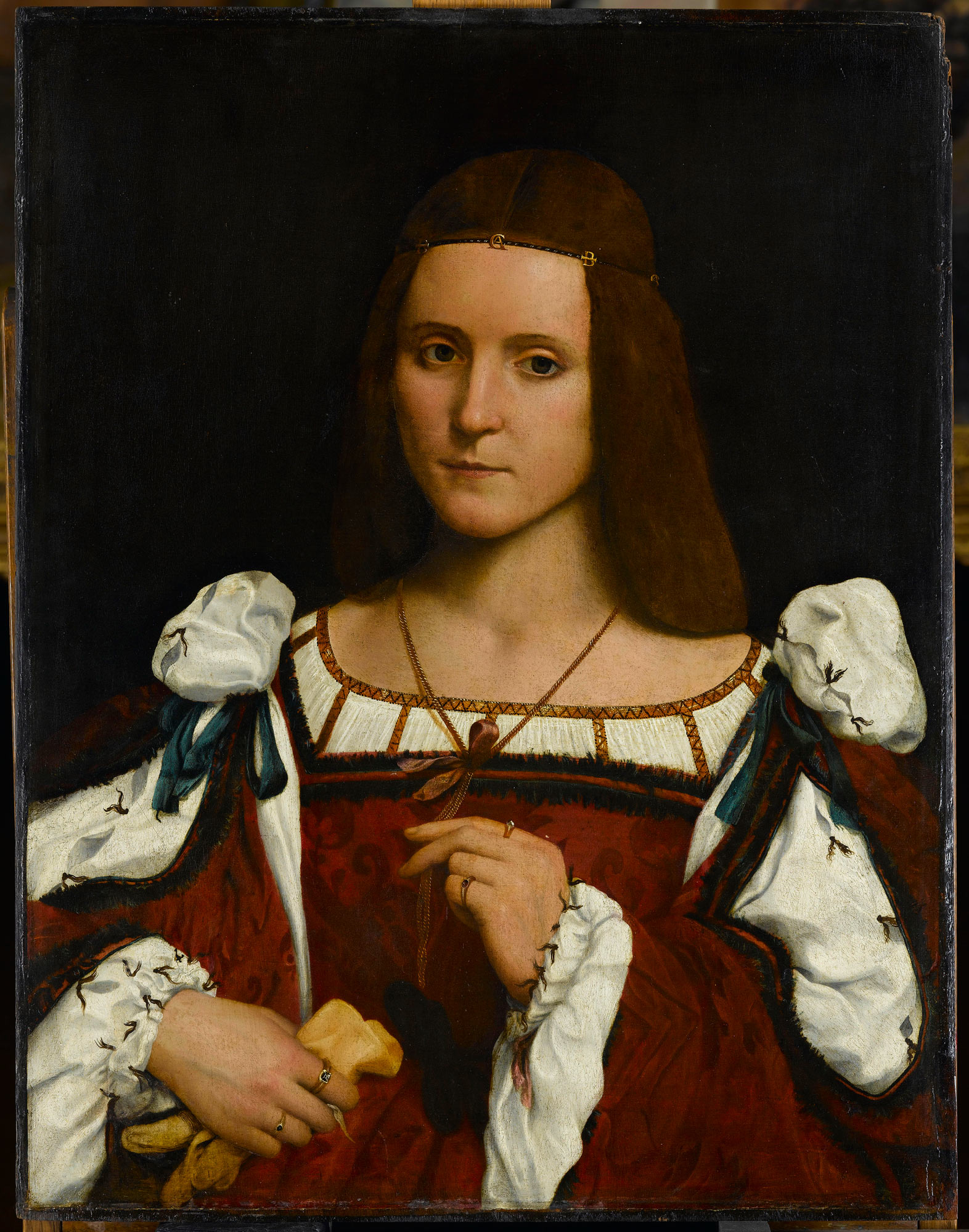 Giovan Francesco Caroto, Ritratto di gentildonna (1508-1510 circa; olio su tavola di noce, 69 x 53 cm; Parigi, Louvre, Département des Peintures)