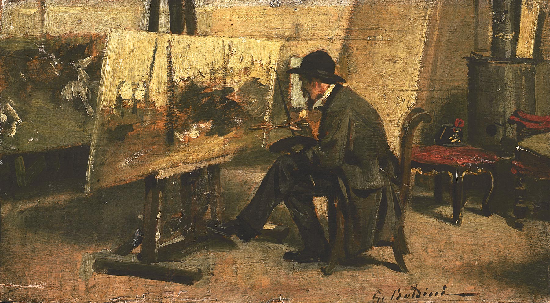 Giovanni Boldini, Ritratto di Fattori nel suo studio (1866-1867; olio su tavola, 13 x 24 cm; Milano, Collezione Intesa Sanpaolo - Gallerie d’Italia)