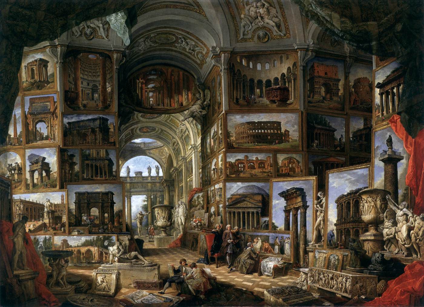 Giovanni Paolo Pannini, Galleria di vedute di Roma Antica (1755 circa; olio su tela, 169 x 227 cm; Stoccarda, Staatsgalerie)
