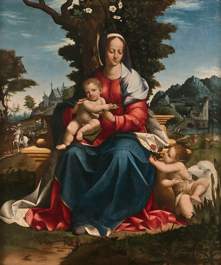 Girolamo Alibrandi, Vierge à l'enfant avec saint Jean-Baptiste (XVIe siècle ; huile sur panneau transportée sur toile, 131 x 111 cm)
