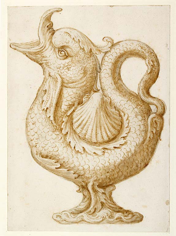 Giulio Romano, Progetto per brocca (1540 circa; penna e inchiostro bruno, acquerellato, 289 x 159 mm; Oxford, Christ Church)
