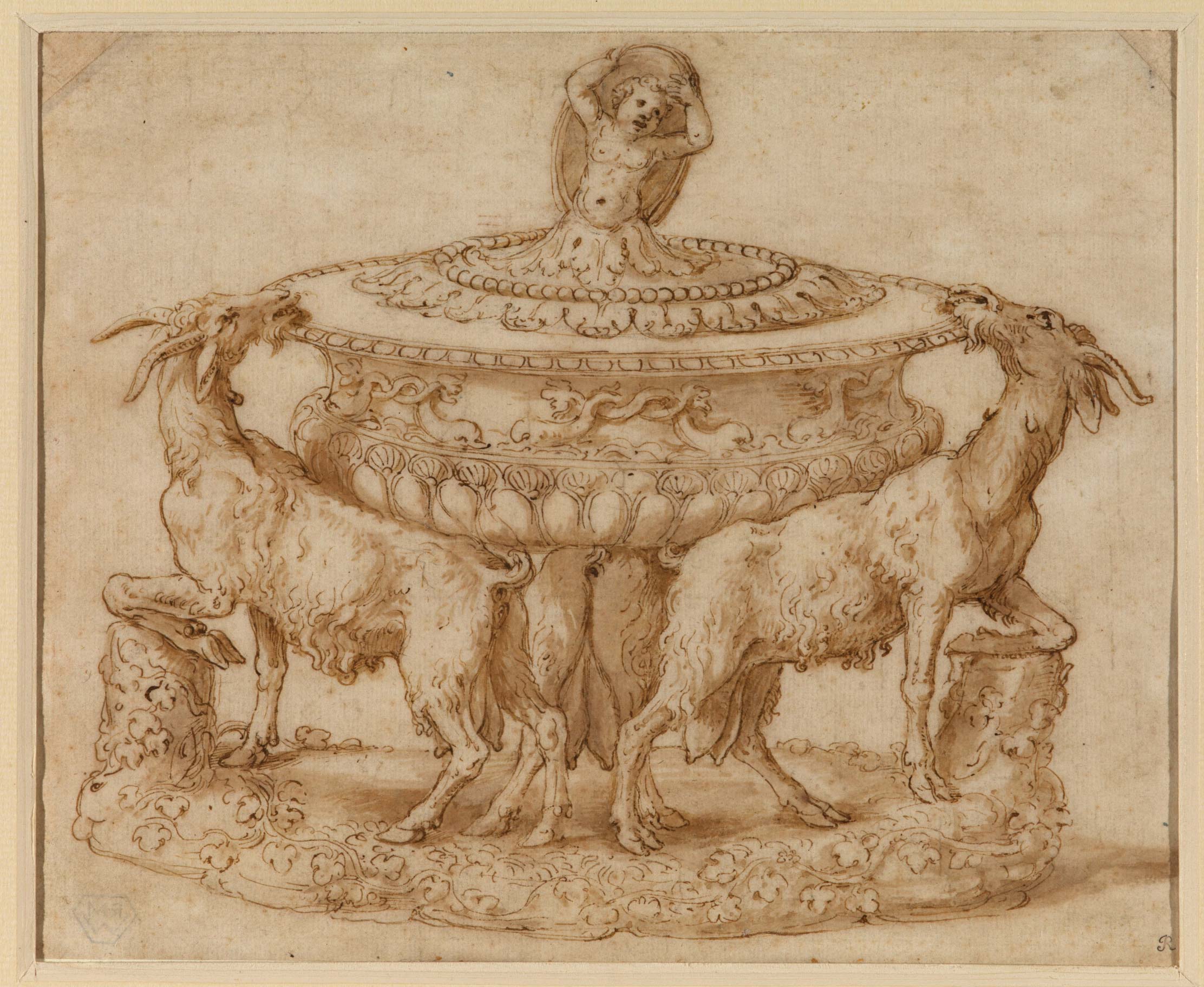 Giulio Romano, Progetto per saliera (1537-1546 circa; penna e inchiostro bruno, acquerellato, pietra nera, stilo, 181 x 219 mm; Londra, The Courtauld)
