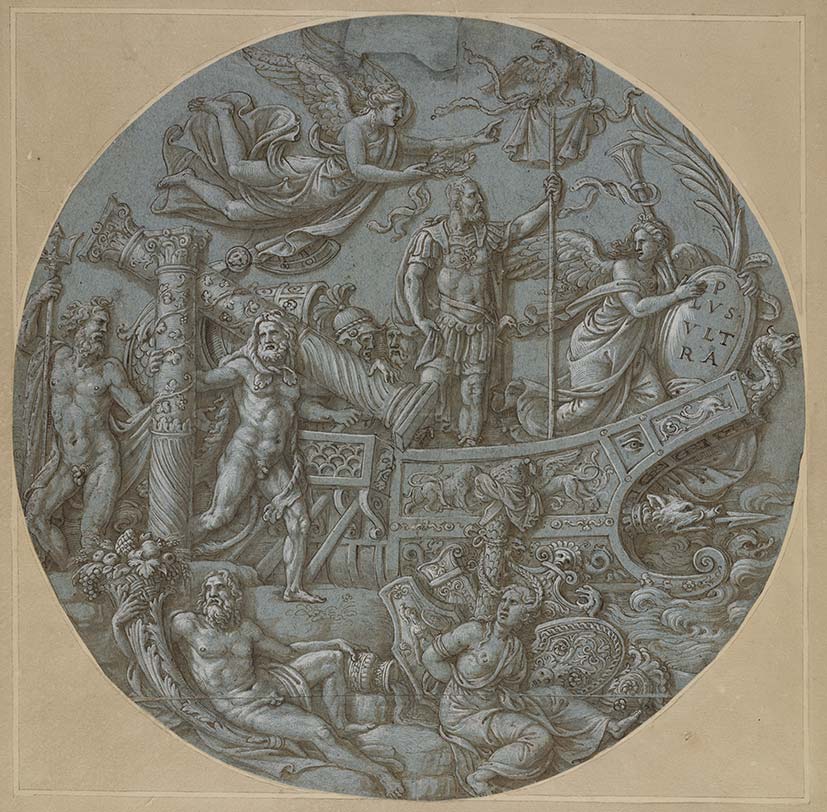 Giulio Romano, Progetto per lo scudo detto del Plus Ultra (1535-1540 circa; penna e inchiostro bruno, acquerellato, pietra nera, lumeggiature a biacca, su carta azzurra preparata, diametro 408 / 411 mm; Haarlem, Teylers Museum)

