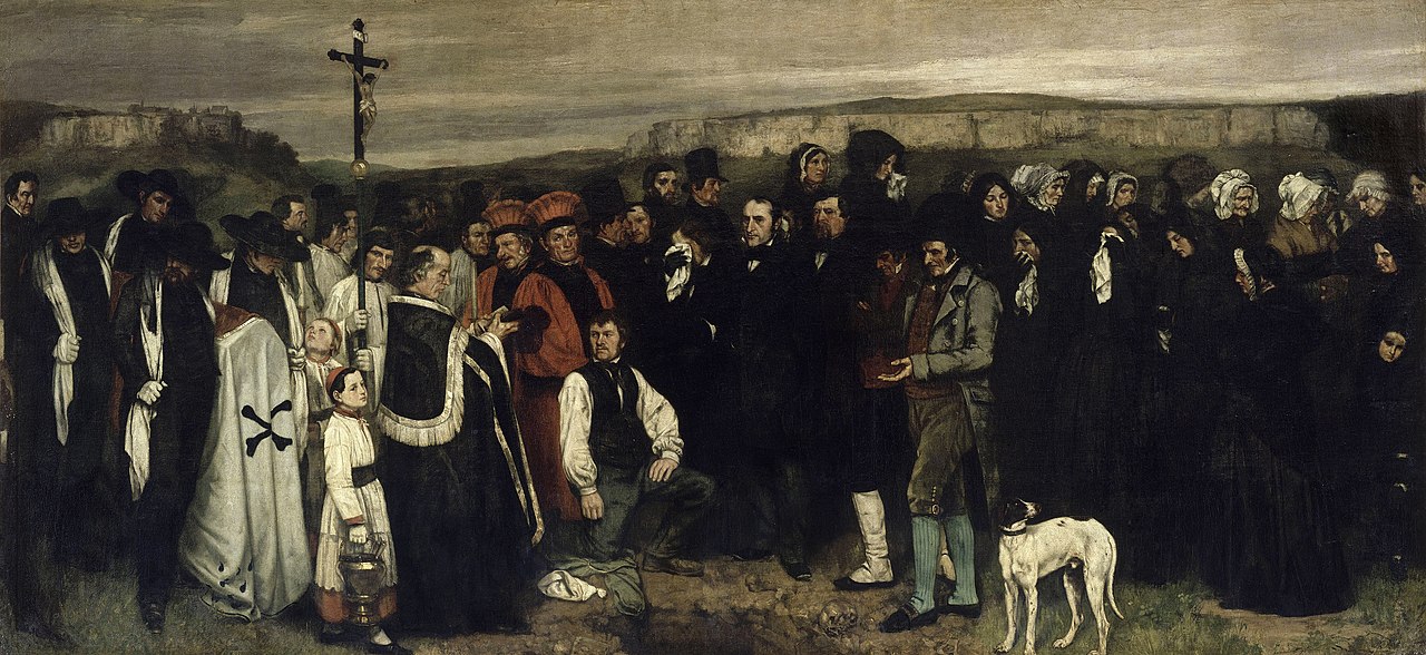 Gustave Courbet, Il Funerale a Ornans (1849-1850; olio su tela, 315 x 668 cm; Parigi, Musée d'Orsay)
 Gustave Courbet, Il Funerale a Ornans (1849-1850; olio su tela, 315 x 668 cm; Parigi, Musée d'Orsay)