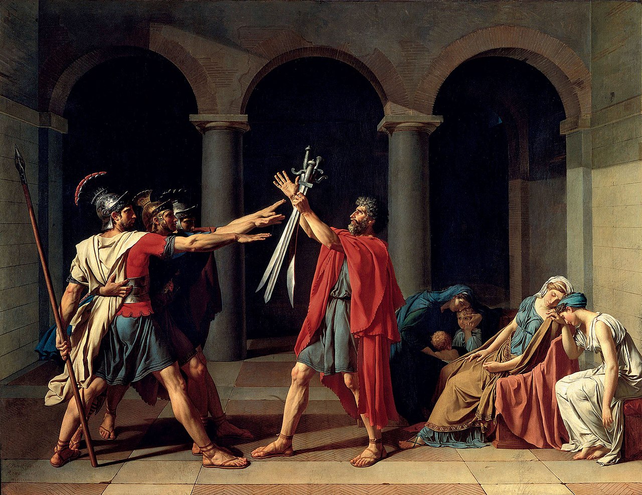 Jacques-Louis David, Giuramento degli Orazi (1784; olio su tela, 329,8 x 424,8 cm; Parigi, Louvre)
