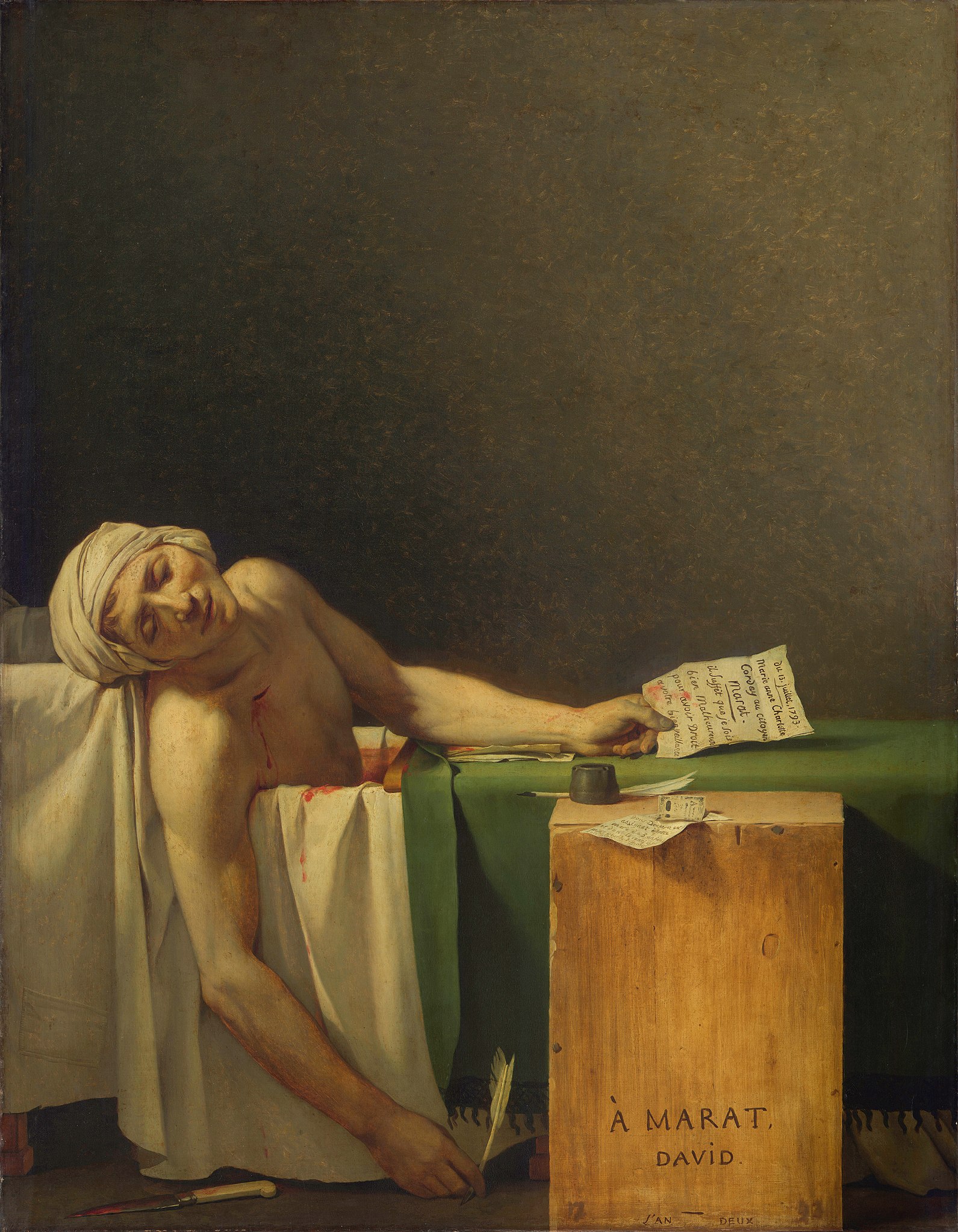 Jacques-Louis David, La morte di Marat (1793; olio su tela, 165 x 128 cm; Bruxelles, Musées Royaux des Beaux-Arts de Belgique)
