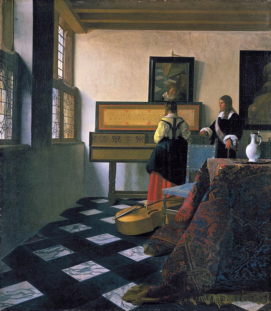 Jan Vermeer, La lezione di musica (1662-1665 circa; olio su tela, 73,3 x 64,5 cm; Windsor, Royal Collection)
 Jan Vermeer, La lezione di musica (1662-1665 circa; olio su tela, 73,3 x 64,5 cm; Windsor, Royal Collection)