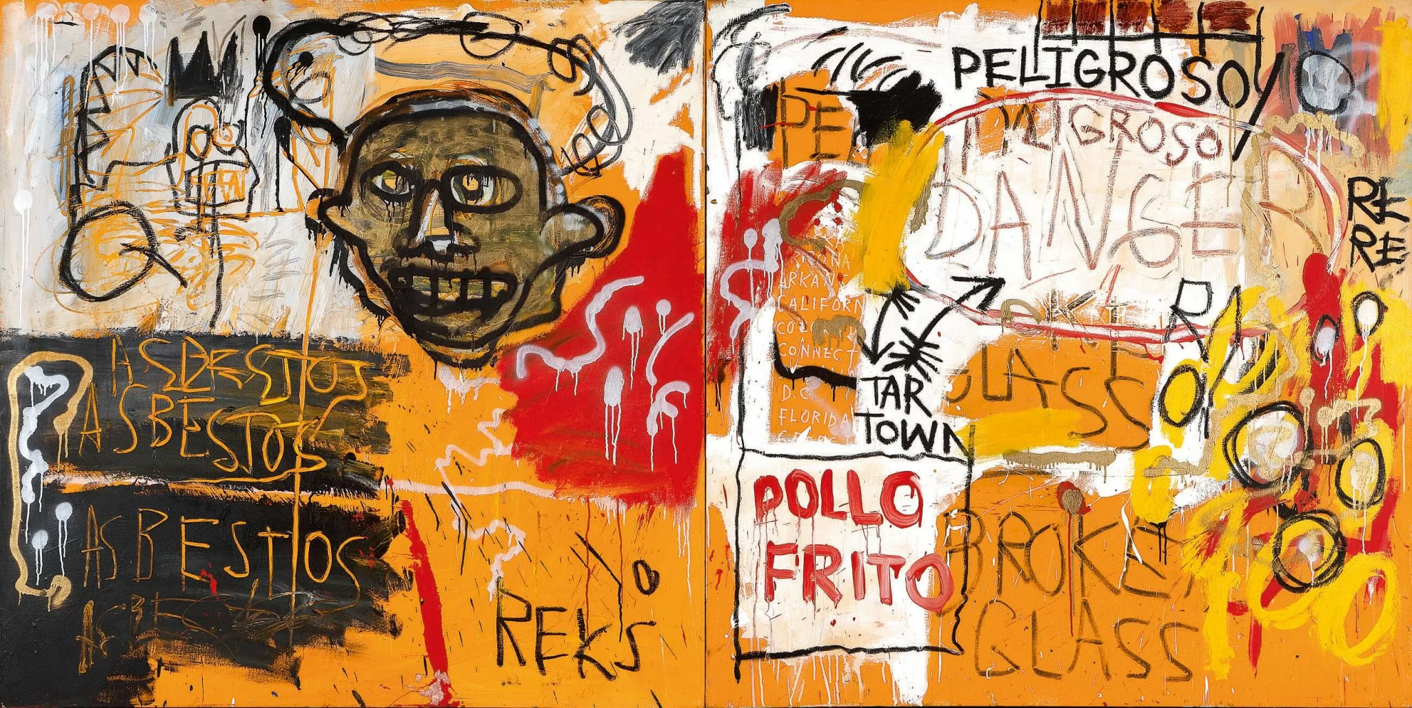 Jean-Michel Basquiat, Untitled (Pollo Fritto) (1982; acrilico, olio e smalto su tela, 152,4 x 306,1 cm; Collezione privata)
