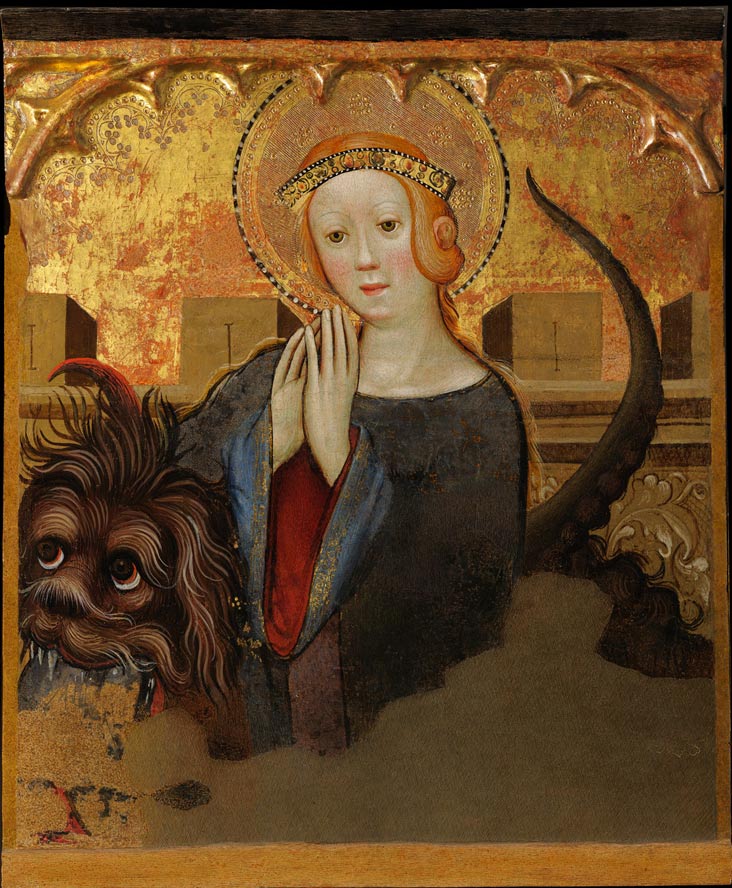 Joan Matés, Saint Margaret of Antioch, detail from the Retable of the Annunciation (c. 1410-1412; tempera and gold on panel; Cagliari, Pinacoteca Nazionale)