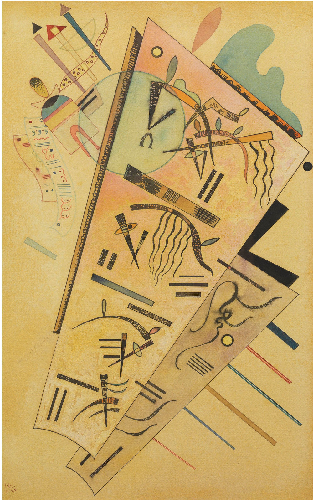 Vasilij Kandinskij, Communiqué (1936; acquerello e china su carta montata su cartoncino, 48,5 x 30,5 cm)