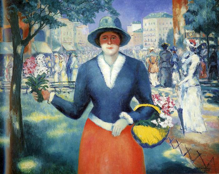 Kazimir Malevi&ccaron;, Ragazza con fiori (1903 circa; olio su tela, 80 x 100 cm; San Pietroburgo, Museo di Stato Russo)
