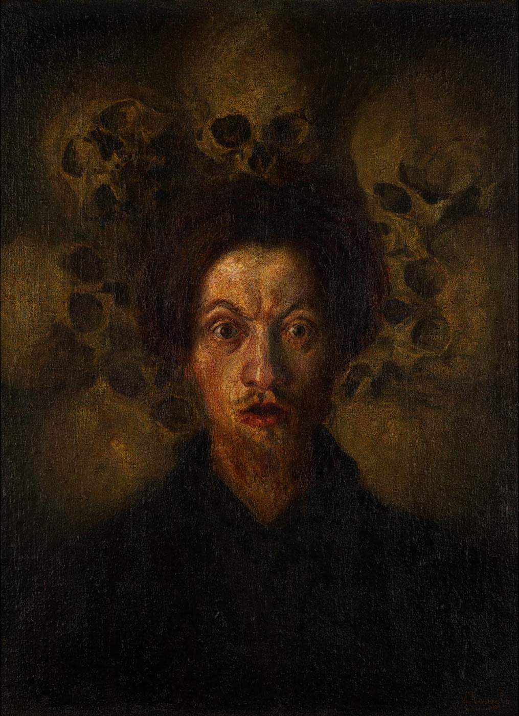 Luigi Russolo, Autoritratto con teschi (1909; olio su tela, 67 x 50 cm; Milano, Museo del Novecento)
