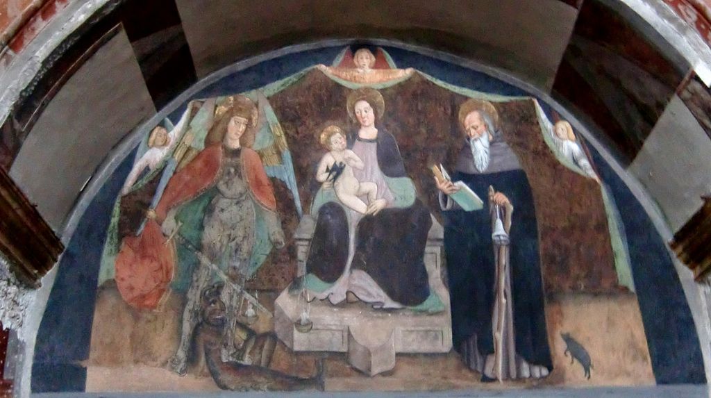 Artiste inconnu, Vierge à l'enfant avec les saints Michel et Antoine Abbés (fin du XVe siècle ; fresque ; Aoste, Collégiale des saints Pierre et Ours)
