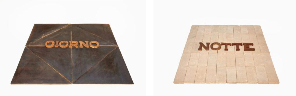 Mario Ceroli, Giorno e Notte (1982; legno, 120 x 120 cm ciascuno)
 Mario Ceroli, Giorno e Notte (1982; legno, 120 x 120 cm ciascuno)