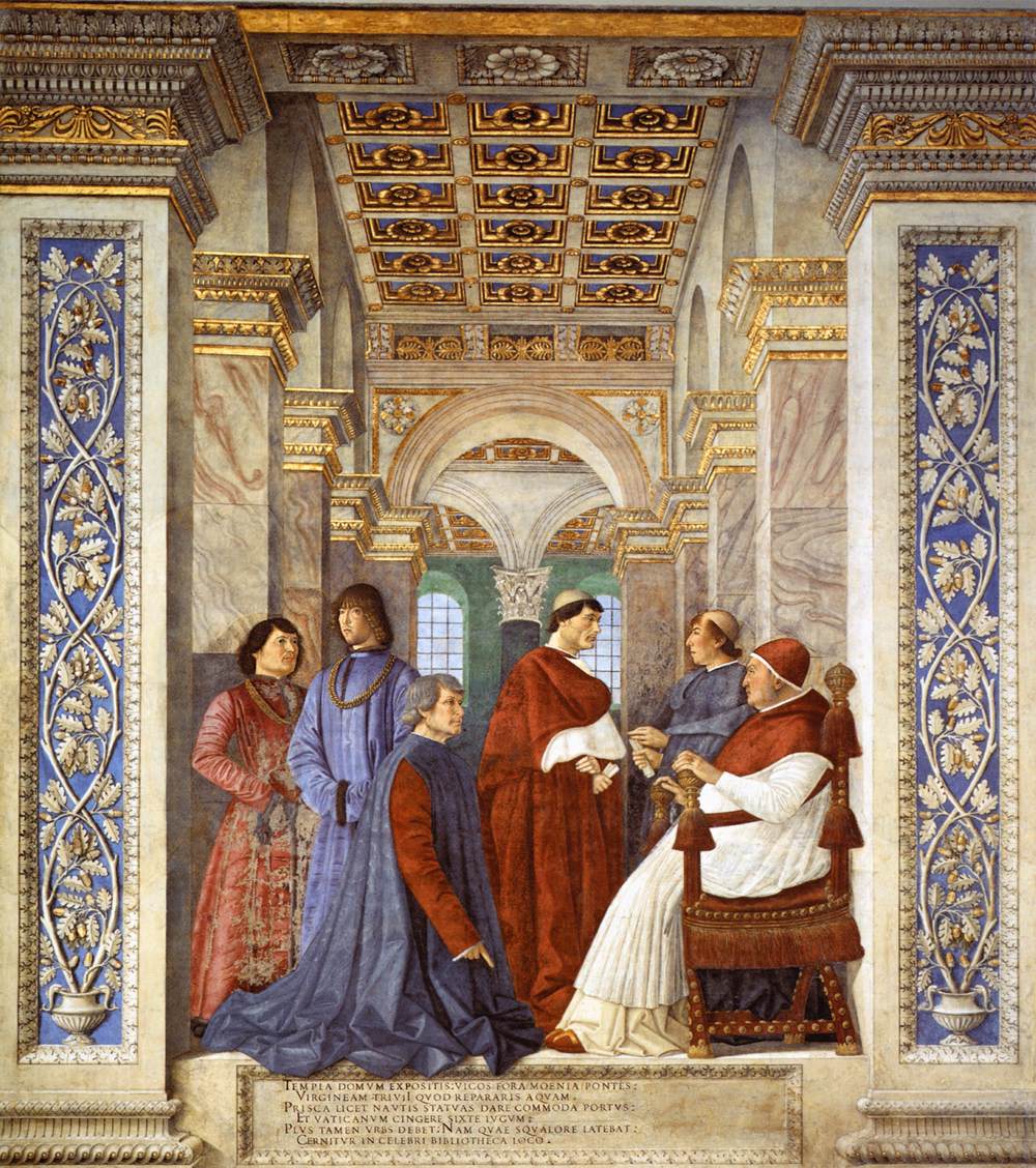 Melozzo da Forlì, Sisto IV nomina Bartolomeo Platina Prefetto della Biblioteca Vaticana (1477 circa; affresco staccato trasportato su tela, 370 x 315 cm; Città del Vaticano, Musei Vaticani)
 Melozzo da Forlì, Sisto IV nomina Bartolomeo Platina Prefetto della Biblioteca Vaticana (1477 circa; affresco staccato trasportato su tela, 370 x 315 cm; Città del Vaticano, Musei Vaticani)