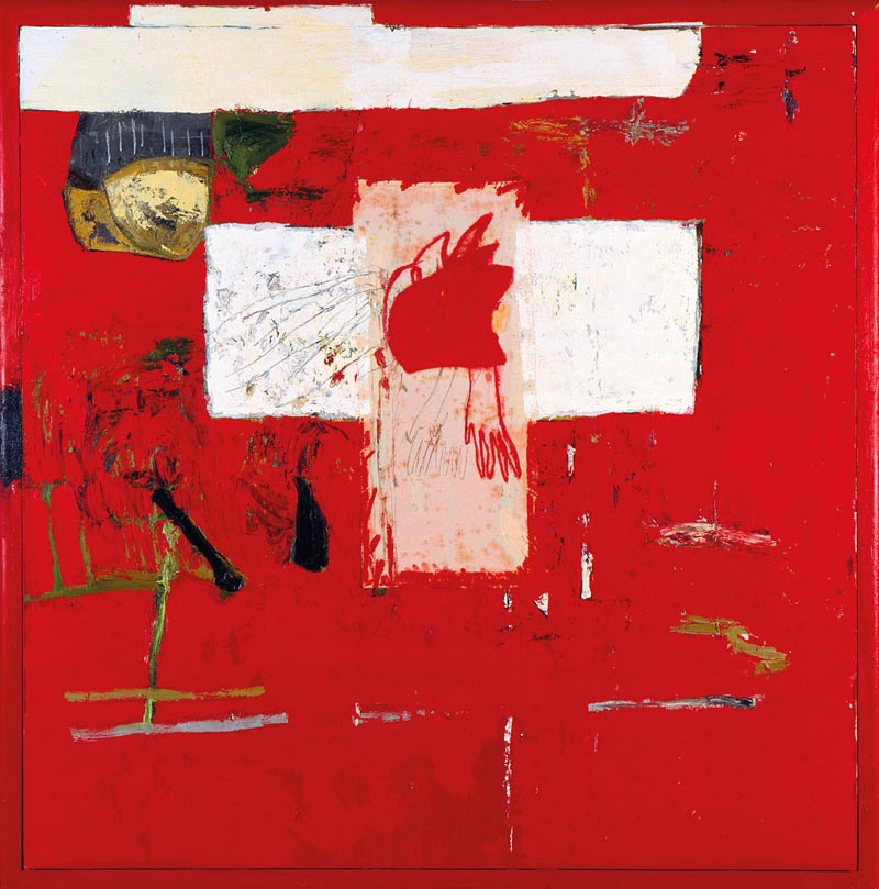 Mimmo Paladino, La montagna bianca (1991; olio, matita e garza su tela e legno, 210 x 210 cm; Tolosa, Les Abattoirs FRAC Midi-Pyrénées)
