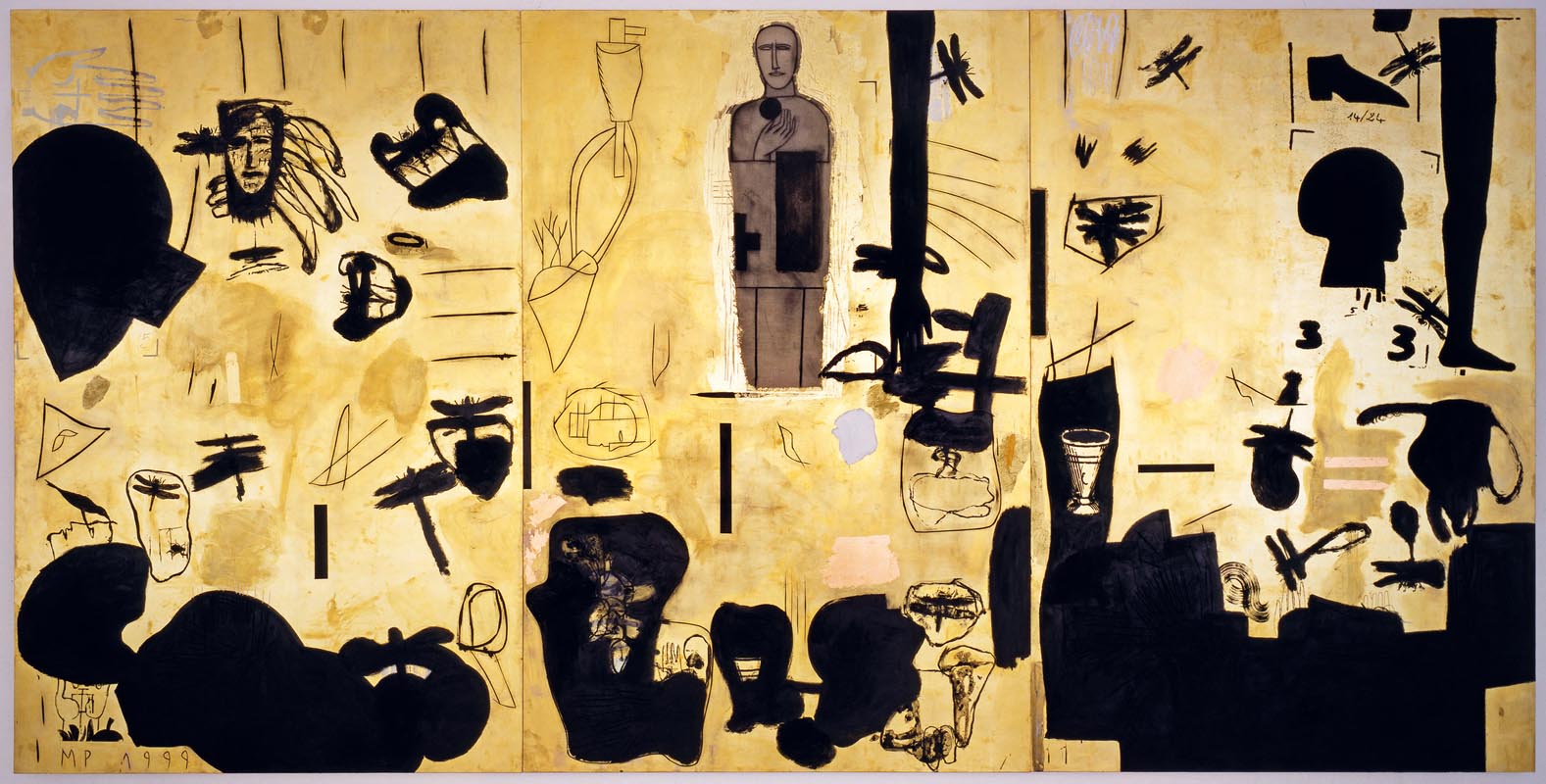 Mimmo Paladino, Senza titolo (1999; tecnica mista e foglia oro su tavola, 300 x 600 cm; Rivoli, Castello di Rivoli)
