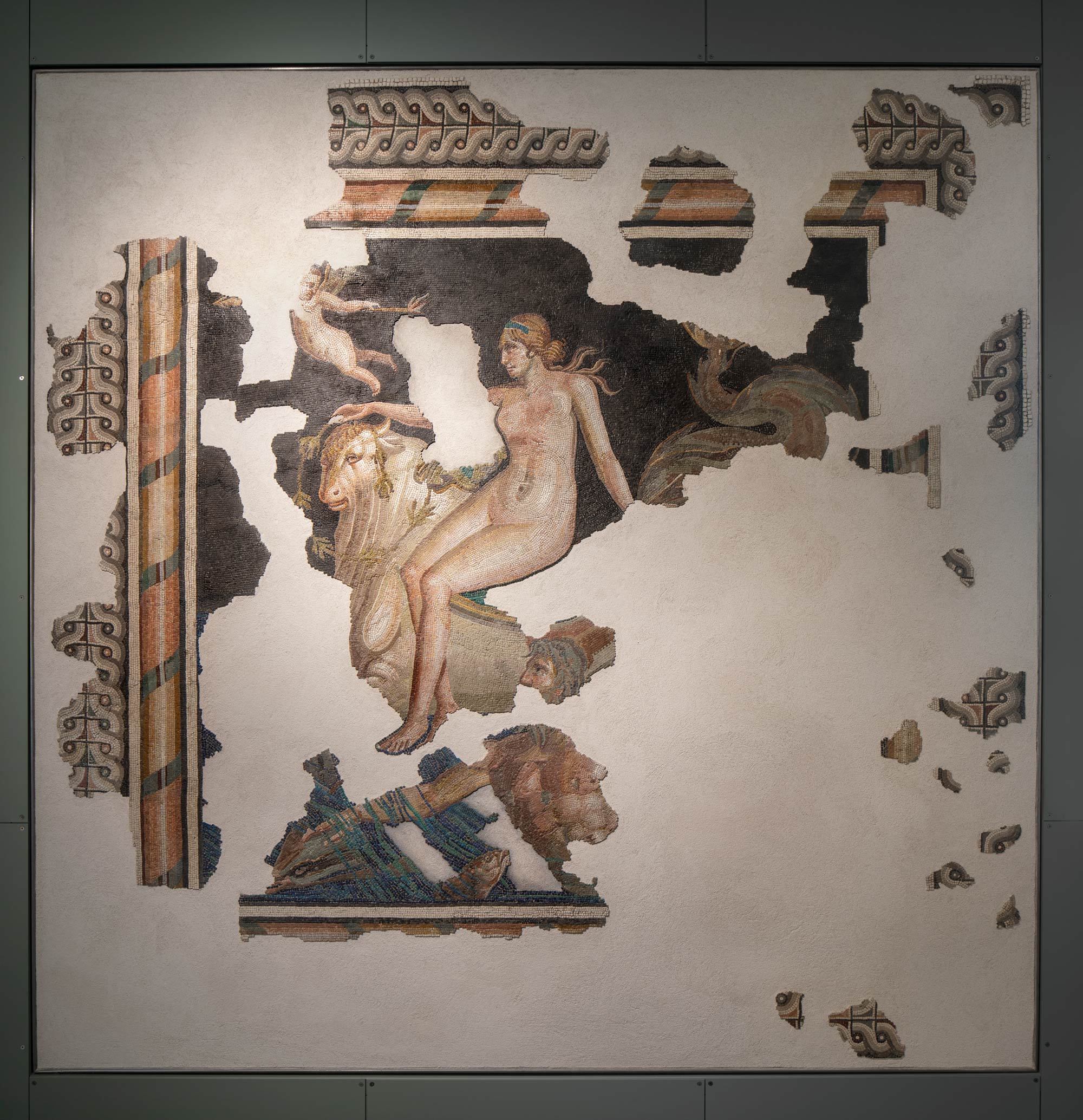 Roman art, Nereid on sea bull (1st century AD; mosaic, 218 x 218 cm; Aquileia, National Museum). Photo by Alessandra Chemollo, MAN Aquileia archives.
