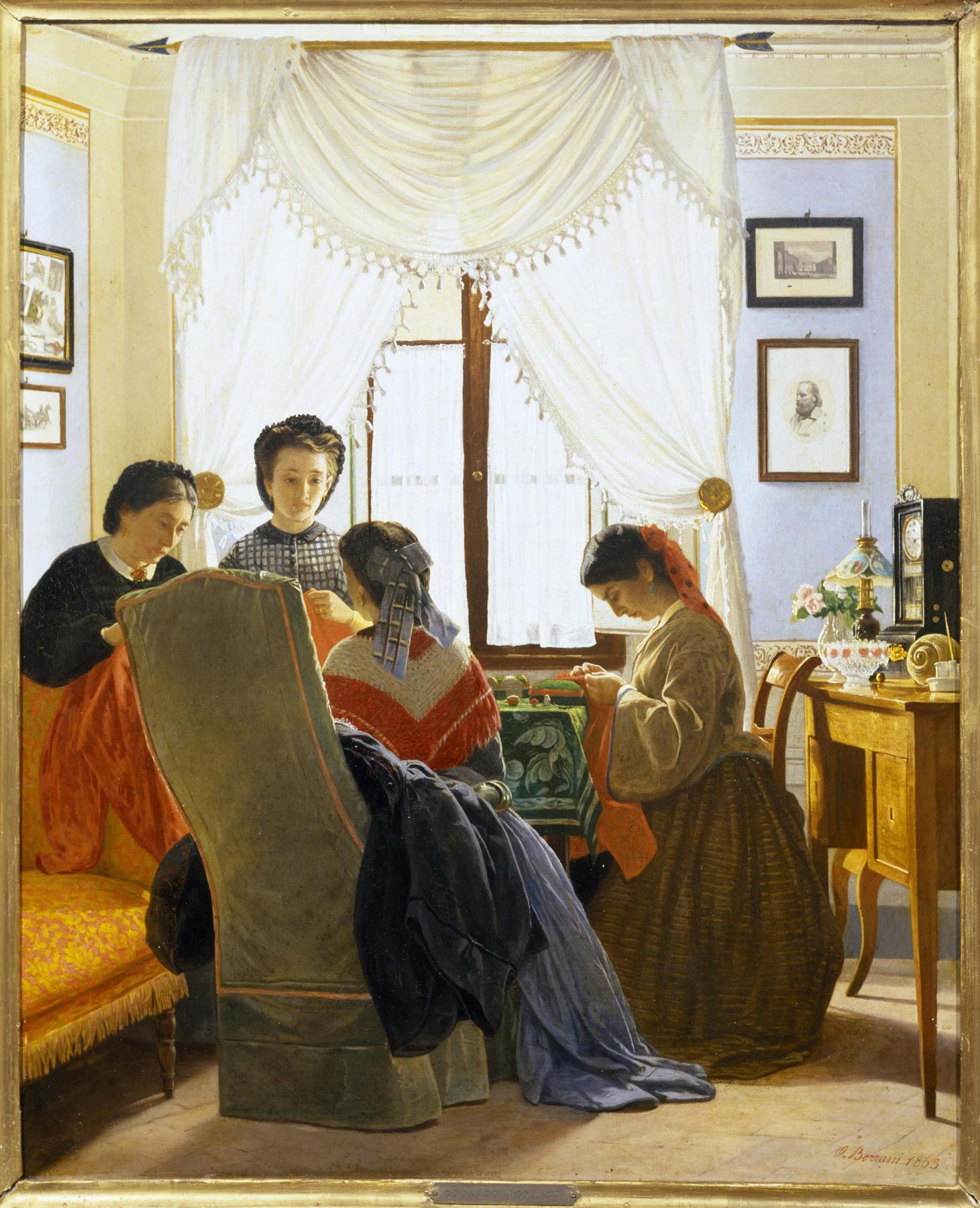 Odoardo Borrani, Cucitrici di camicie rosse (1863; olio su tela, 66x54 cm; Collezione privata)

