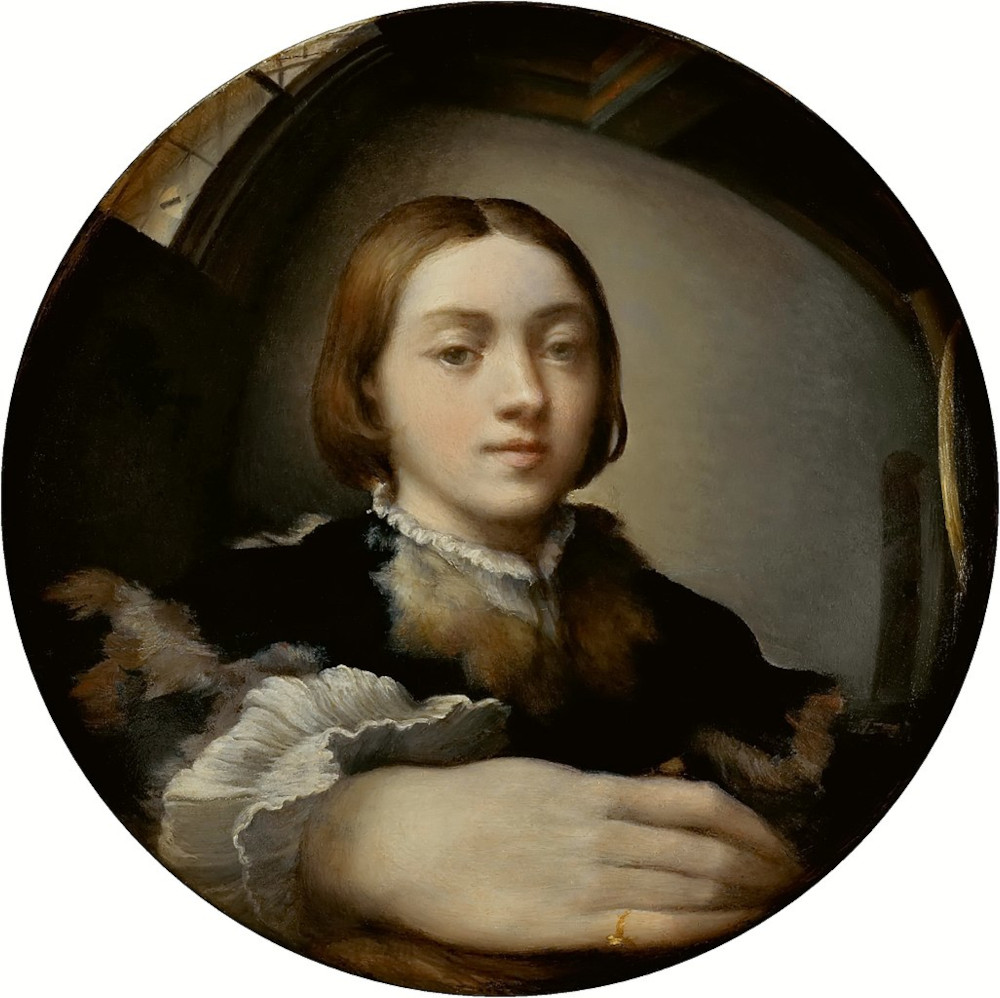Parmigianino, Autorretrato en el espejo (c. 1524; óleo sobre tabla convexa, 24,4 x 24,4 cm; Viena, Kunsthistorisches Museum)