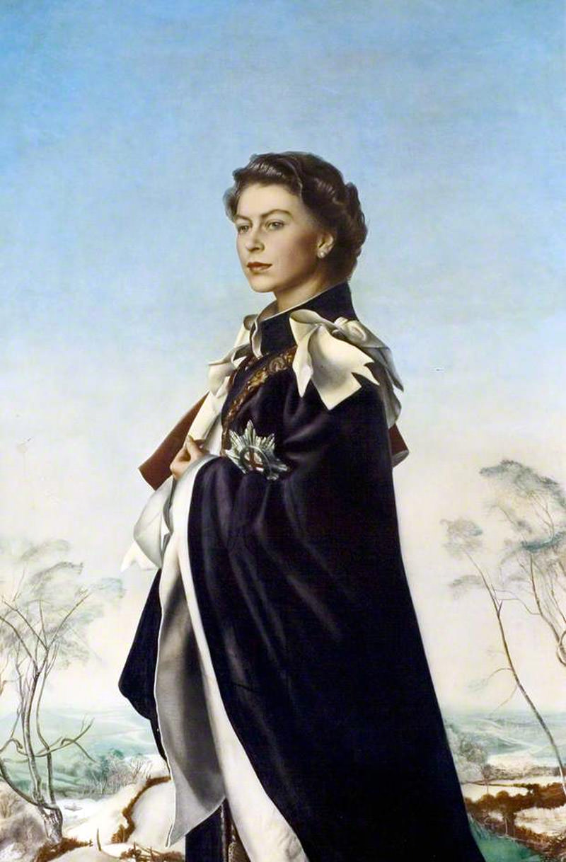 Pietro Annigoni, Ritratto di Elisabetta II d'Inghilterra (1954-1955; tempera grassa su tela, 182,9 x 121,9 cm; Londra, Fishmongers' Hall)
