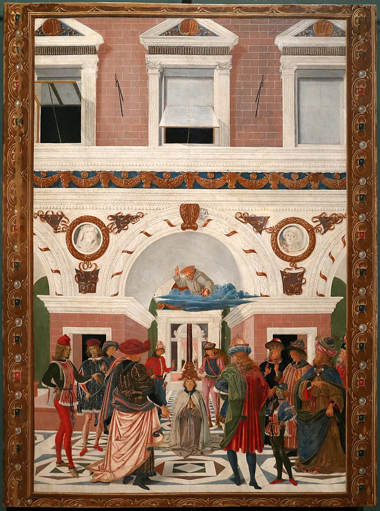Pietro Perugino, San Bernardino restituisce la vista a un cieco (1473; tempera su tavola, 75 x 56,5 cm; Perugia, Galleria Nazionale dell'Umbria)
 Pietro Perugino, San Bernardino restituisce la vista a un cieco (1473; tempera su tavola, 75 x 56,5 cm; Perugia, Galleria Nazionale dell'Umbria)