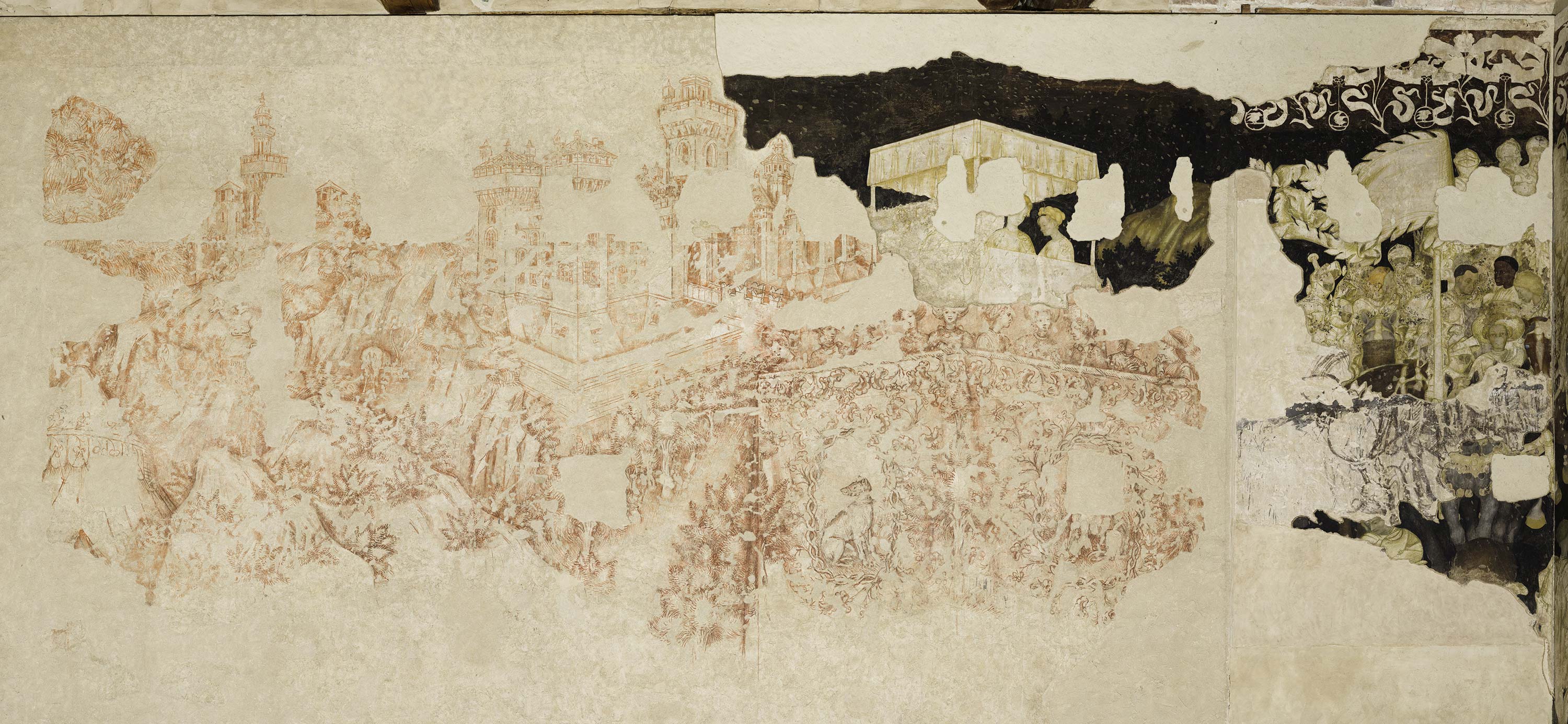 Pisanello, Torneo di cavalieri (1430-1433; pittura murale strappata, tecnica mista; Mantova, Palazzo Ducale, Sala del Pisanello, parete nord-est, parte destra). Foto di Ghigo Roli