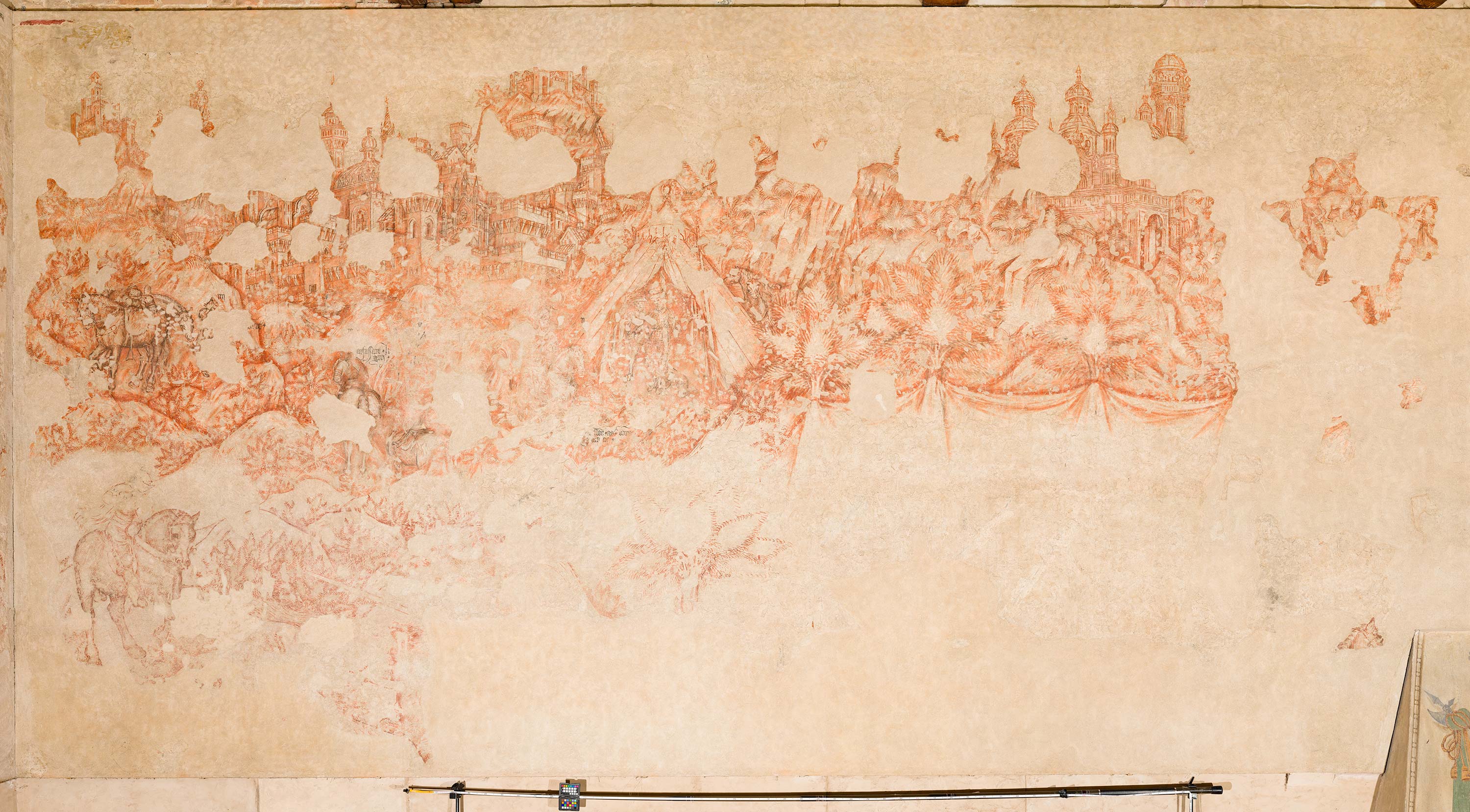 Pisanello, Torneo di cavalieri (1430-1433; pittura murale strappata, tecnica mista; Mantova, Palazzo Ducale, Sala del Pisanello, parete nord-est, parte sinistra). Foto di Ghigo Roli