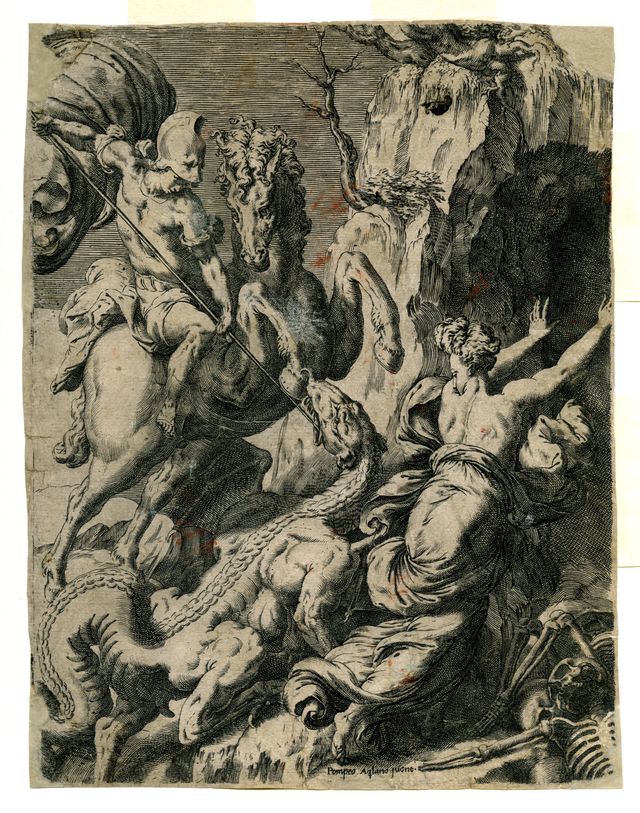 Pompeo Aquilano, San Giorgio e il drago (metà del XVI secolo; incisione a bulino; Venafro, Museo Nazionale del Molise - Castello Pandone)