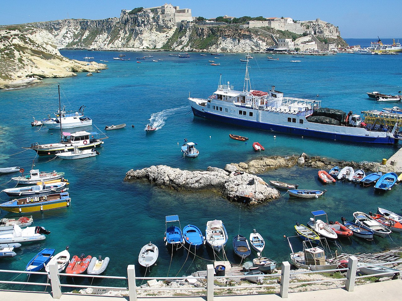 The port of San Domino with, in the background, the abbey of Santa Maria a Mare