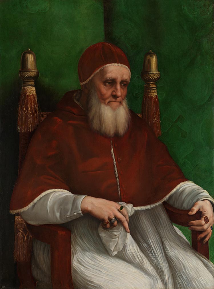 Raffaello, Ritratto di papa Giulio II (1511-1512; olio su tavola, 108,7 x 80 cm; Londra, National Gallery)