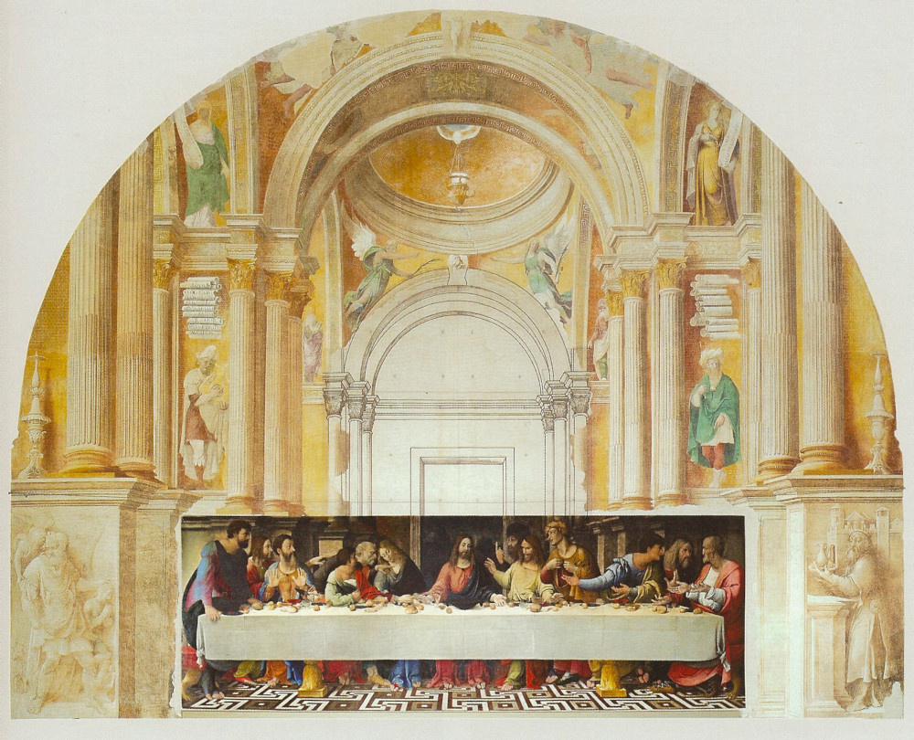 Veduta intera della parete frontale del Refettorio. La stesura del solenne tempio classico del Correggio, di straordinaria concezione architettonica, contiene sotto la cupola centrale l’Ultima Cena, copiata da Girolamo Bonsignori al convento delle Grazie in Milano, opera di Leonardo.