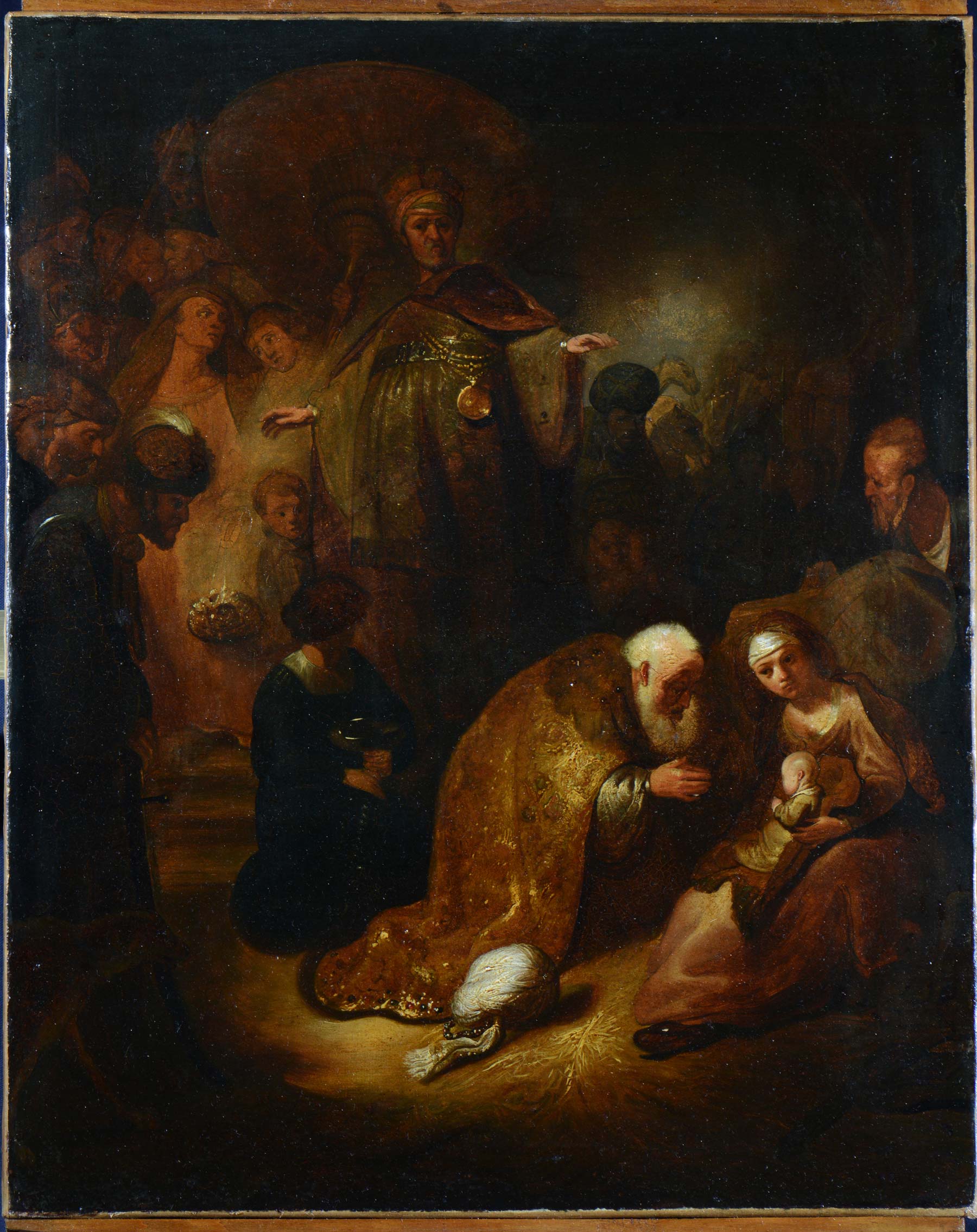 Rembrandt, Adorazione dei Magi (1632; olio su carta applicata su tela, 54,5 x 44,5 cm)