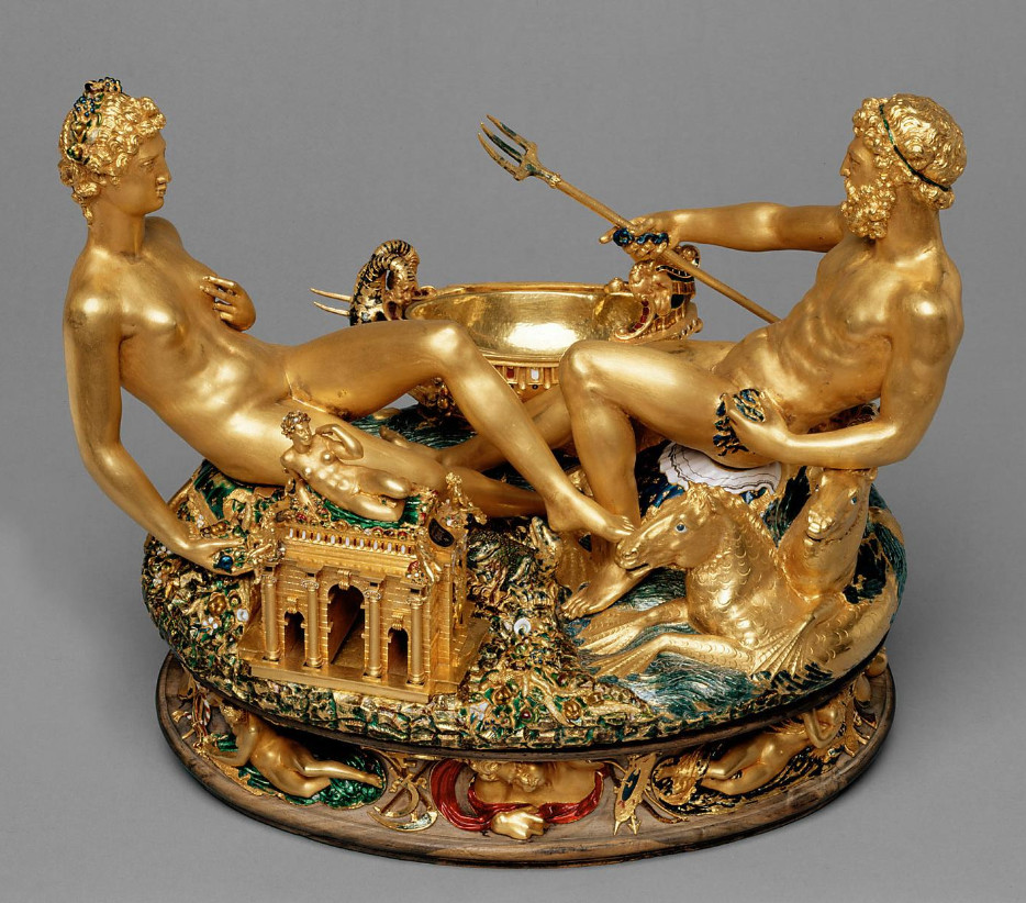 Benvenuto Cellini, Saliera di Francesco I (1540-1543; oro, smalto, ebano, avorio; 28,5 x 21,5 x 26,3 cm; Vienna, Kunsthistorisches Museum)