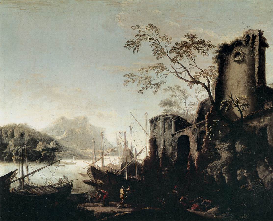 Salvator Rosa, Paesaggio marino con torre in rovina (1645-1650; olio su tela, 102 x 127 cm; Firenze, Gallerie degli Uffizi, Palazzo Pitti)
