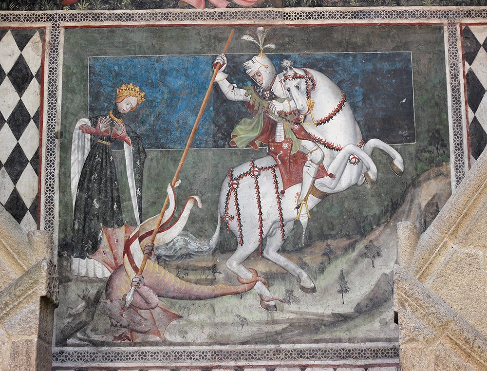 Bottega di Giacomo Jacquerio, San Giorgio e il drago (1415 circa; affresco; Fenis, Castello di Fenis)
