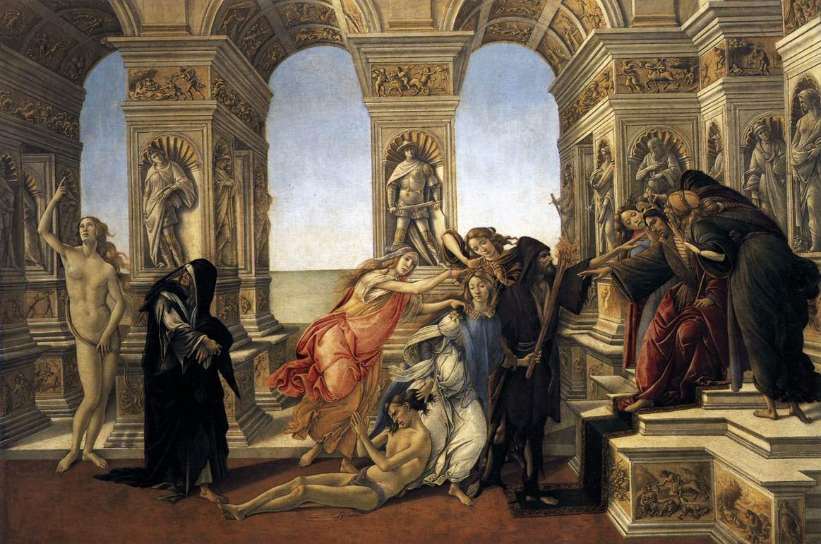 Sandro Botticelli, La calunnia di Apelle (1494-1495; tempera su tavola, 62 x 91 cm; Firenze, Gallerie degli Uffizi)
