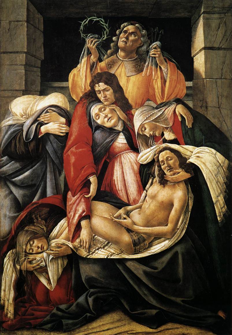 Sandro Botticelli, Compianto su Cristo morto (1495 circa; tempera su tavola, 107 x 71 cm; Milano, Museo Poldi Pezzoli)
