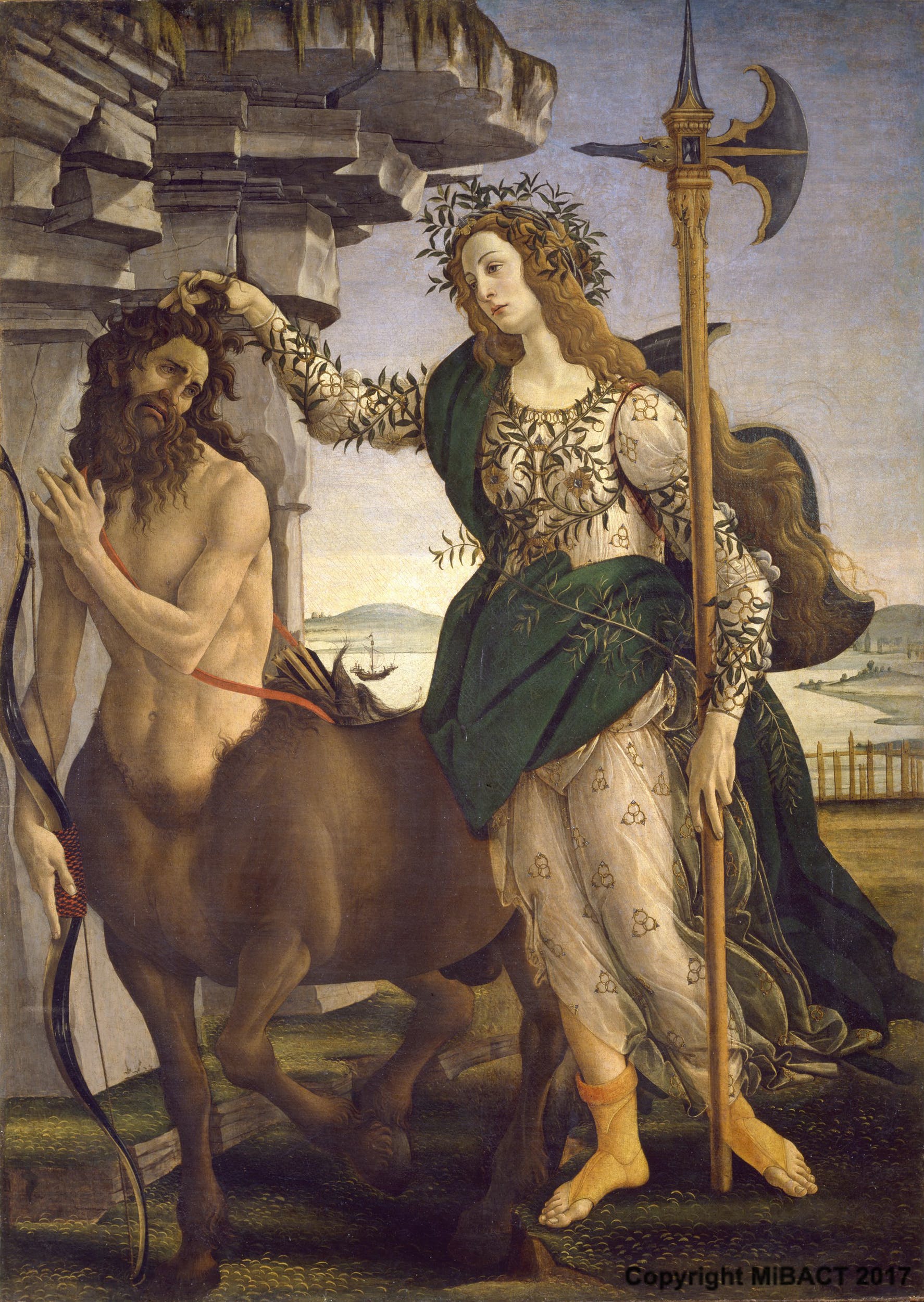 Sandro Botticelli, Pallade e il centauro (1480-1485 circa; tempera su tela, 207 x 148 cm; Firenze, Gallerie degli Uffizi)