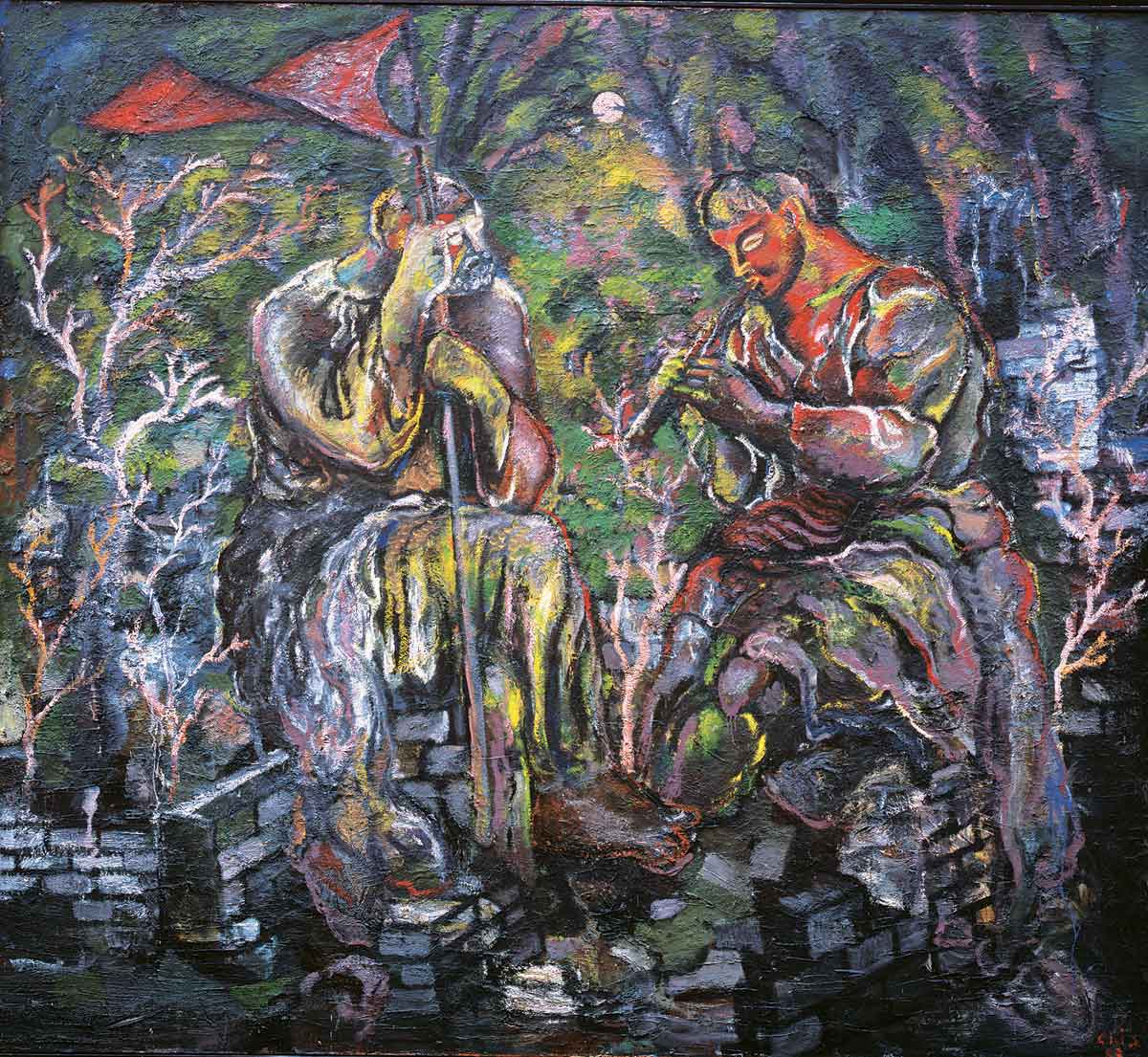 Sandro Chia, Figure con bandiera e flauto (1983; olio su tela, 326 x 294,5 cm; Torino, Fondazione CRT, in comodato presso Castello di Rivoli Museo d’Arte Contemporanea)
