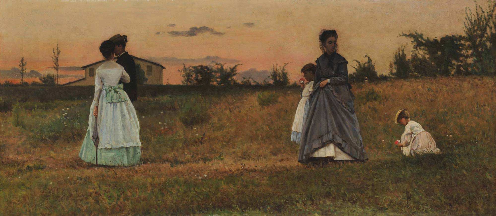 Silvestro Lega, I fidanzati / I promessi sposi (1869; olio su tela, 35,5 x 79,5 cm; Milano, Museo Nazionale Scienza e Tecnologia Leonardo da Vinci)
