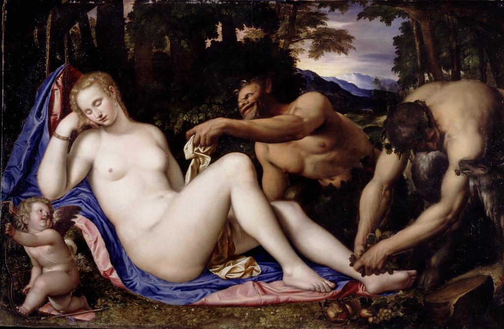 Simone Peterzano, Venere e Cupido con due satiri (1570-1573; olio su tela, 135,2 x 206,9 cm; Milano, Pinacoteca di Brera)