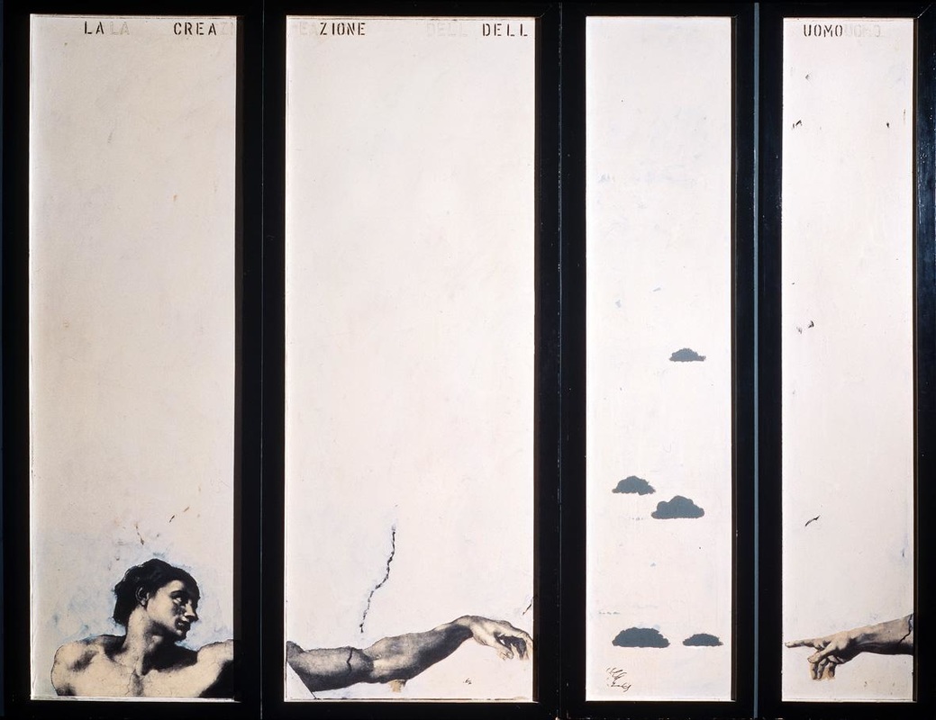 Tano Festa, La Creazione dell’Uomo (1964; smalto e carta emulsionata su legno, 190 x 272 cm; Roma, Collezione Franchetti)
