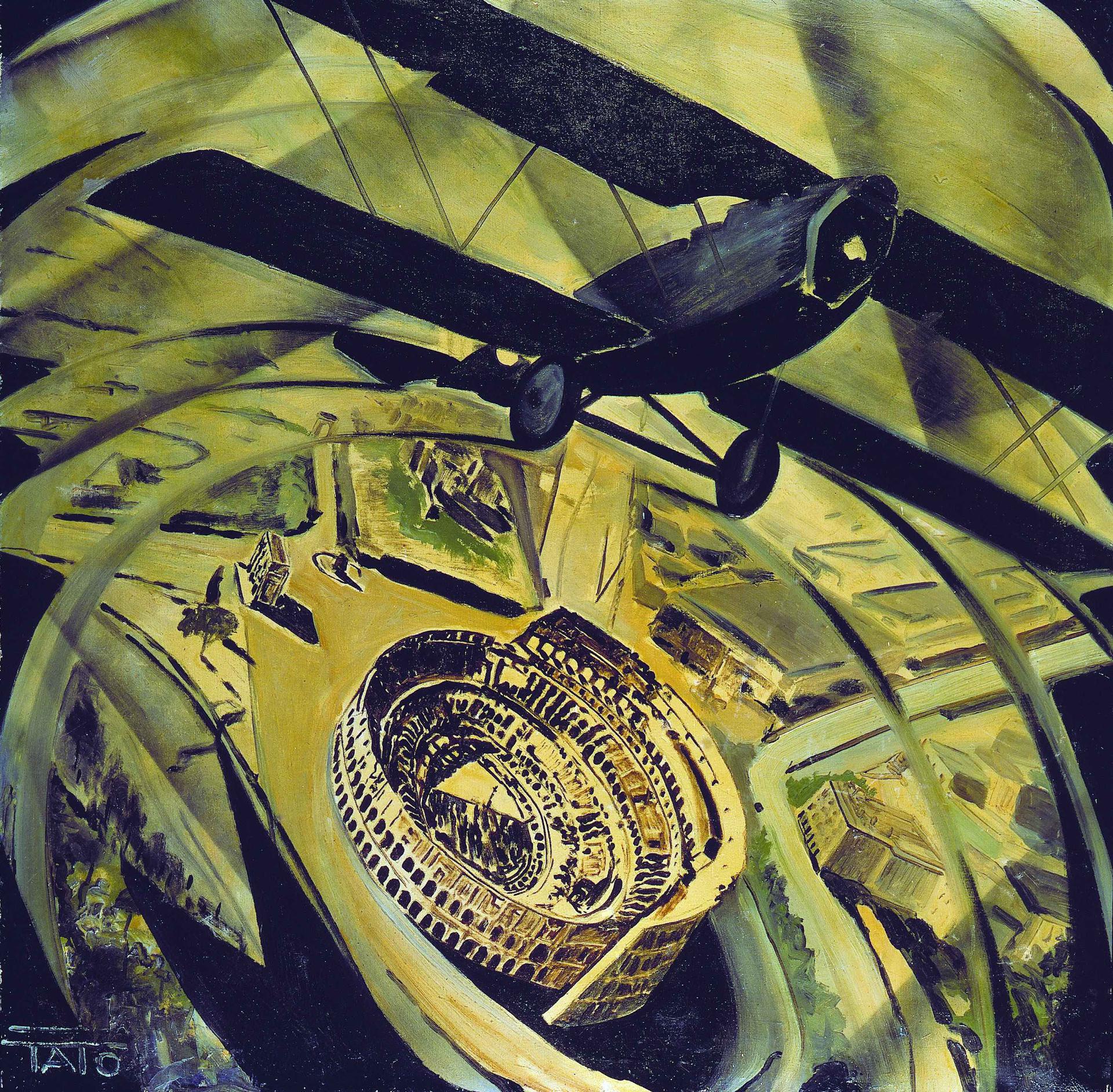 Guglielmo Sansoni (Tato), Sorvolando in spirale il Colosseo (1930; olio su tela, 80 x 80 cm; Roma, Collezione privata)
