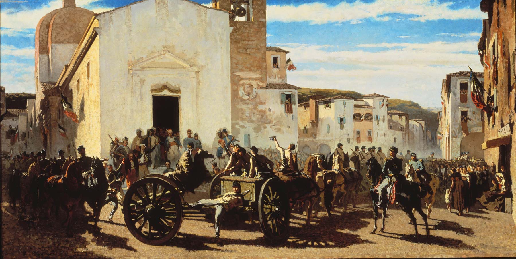 Telemaco Signorini, L'artiglieria toscana a Montechiaro salutata dai francesi feriti a Solferino (1859; olio su tela, 60x117 cm; Collezione privata)
