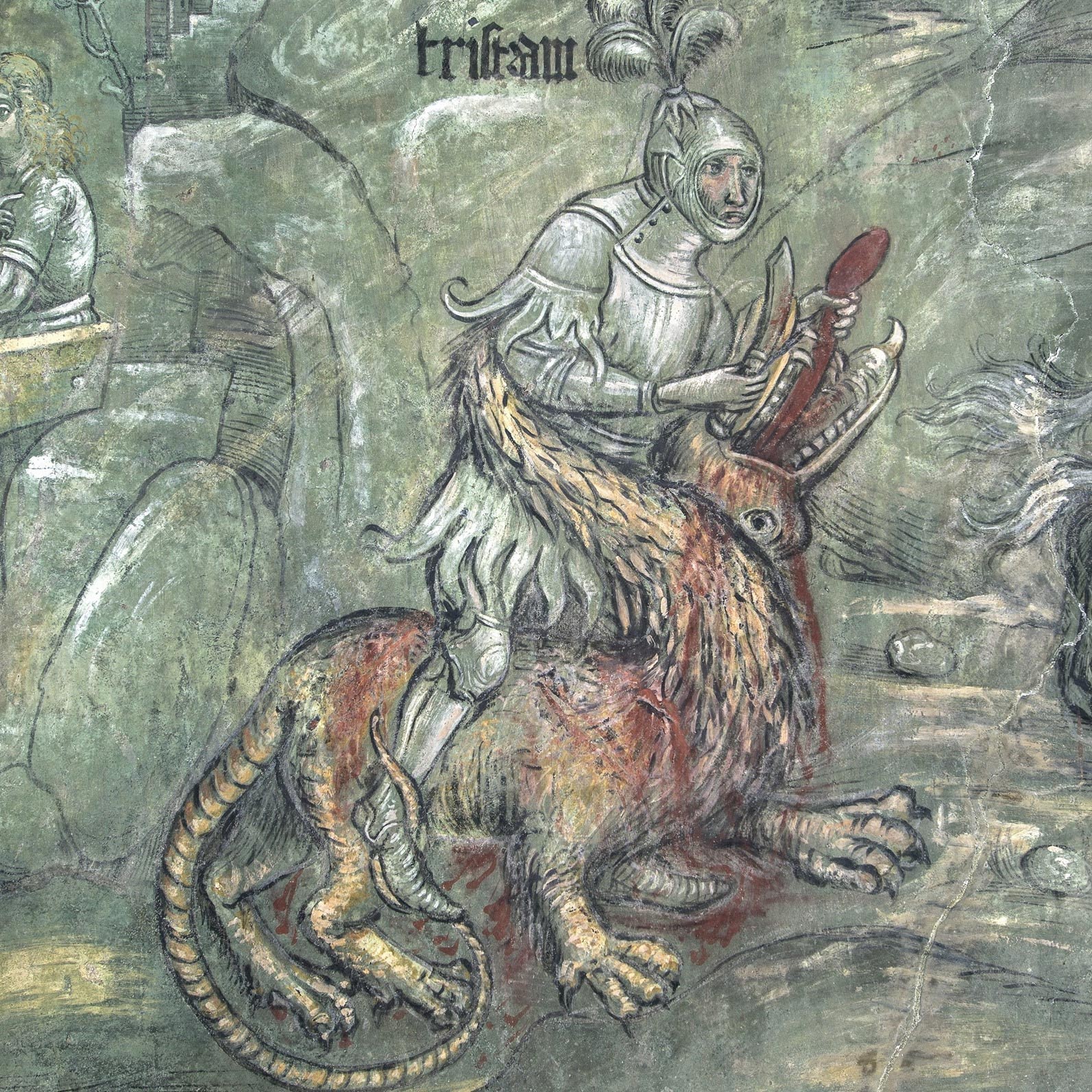 Maestro trentino, Tristano e il drago (fine del XIV secolo; affresco; Renon, Castel Roncolo)