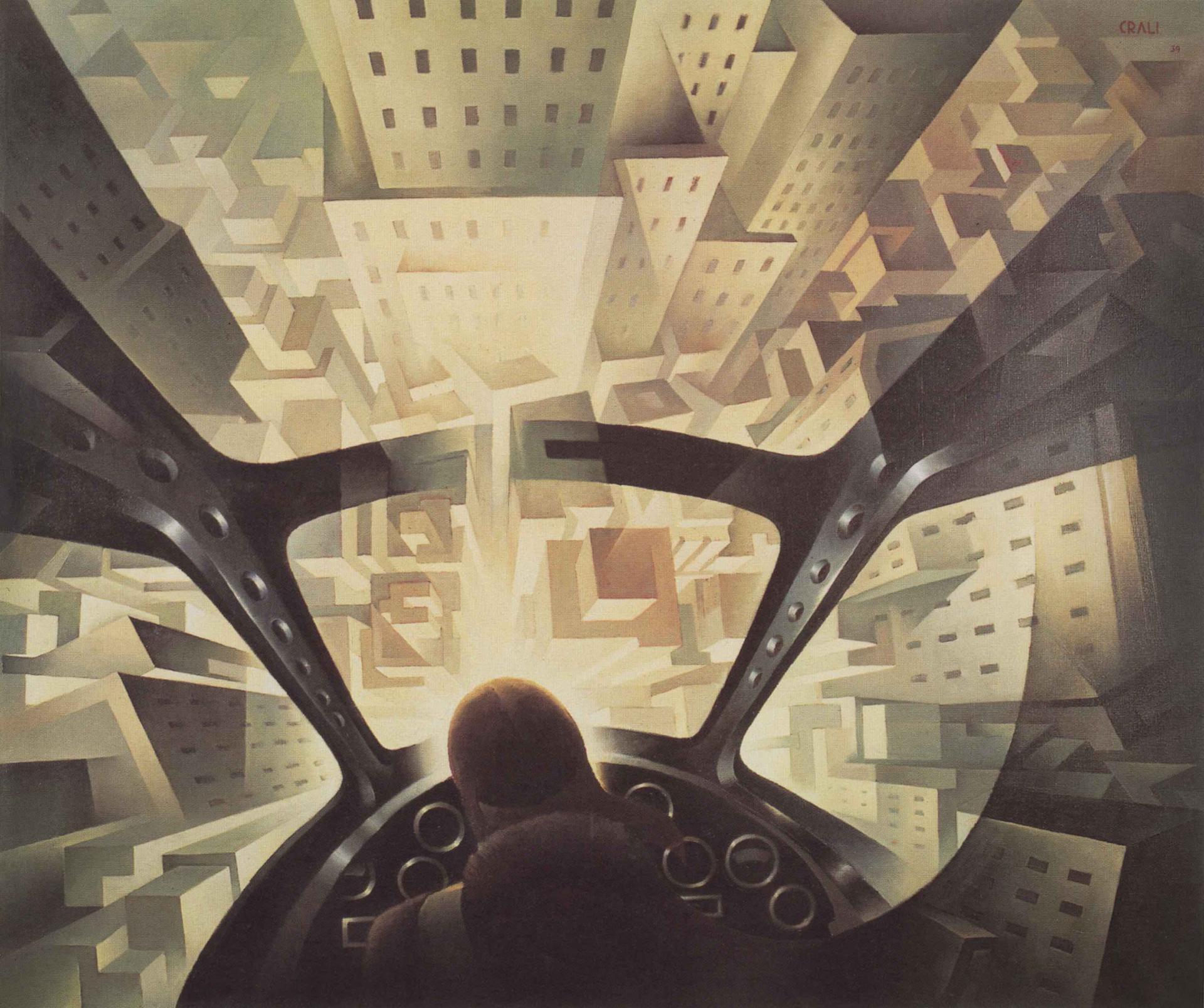 Tullio Crali, Incuneandosi nell’abitato (1934; olio su tela, 130 x 155 cm; Collezione privata)
