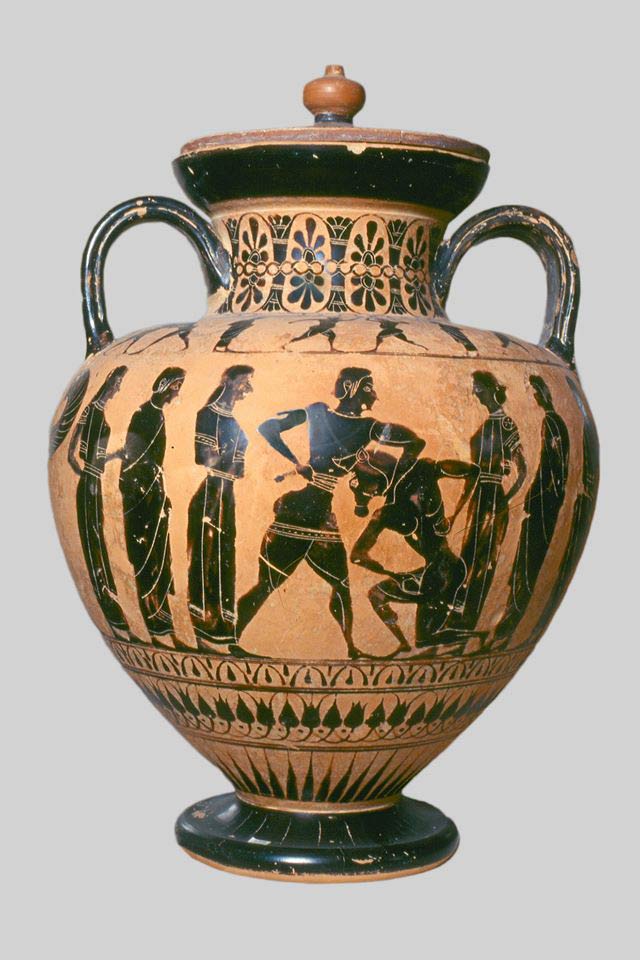 Attic art, Distinct neck amphora with minotaur slaying (550-540 BC; pottery; Perugia, Museo Nazionale Archeologico dell'Umbria)